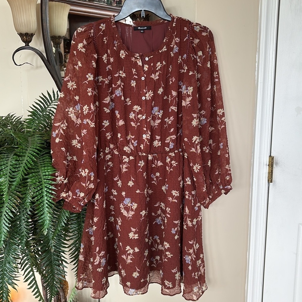 Madewell Norma Rae Floral Print Long Sleeve Mini Dress Dark Merlot Flowy Boho